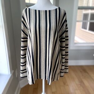 L.L. Bean Signature Navy Blue Tan Striped Flare Sleeve Boat Neck Top Size Small